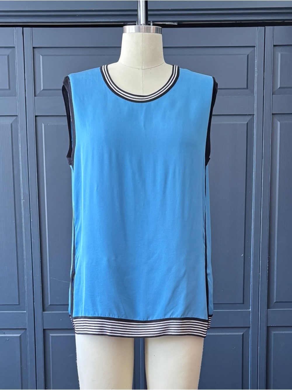 rag & bone Sky Blue Sleeveless Tank with Black Accents and Striped Trim
